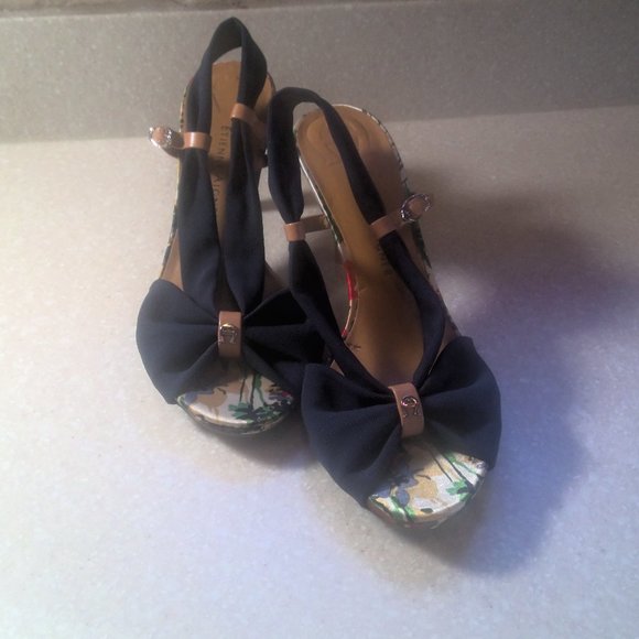 ETIENNE AIGNER 3 INCH HEEL NAVY/FLORAL PUMP WITH PEEKABOO HEEL, TOE AND SIDES -6 - Picture 1 of 14